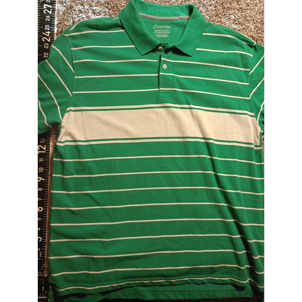 St Johns Bay Mens XL Green White Striped Heritage Pique Cotton Polo Shirt